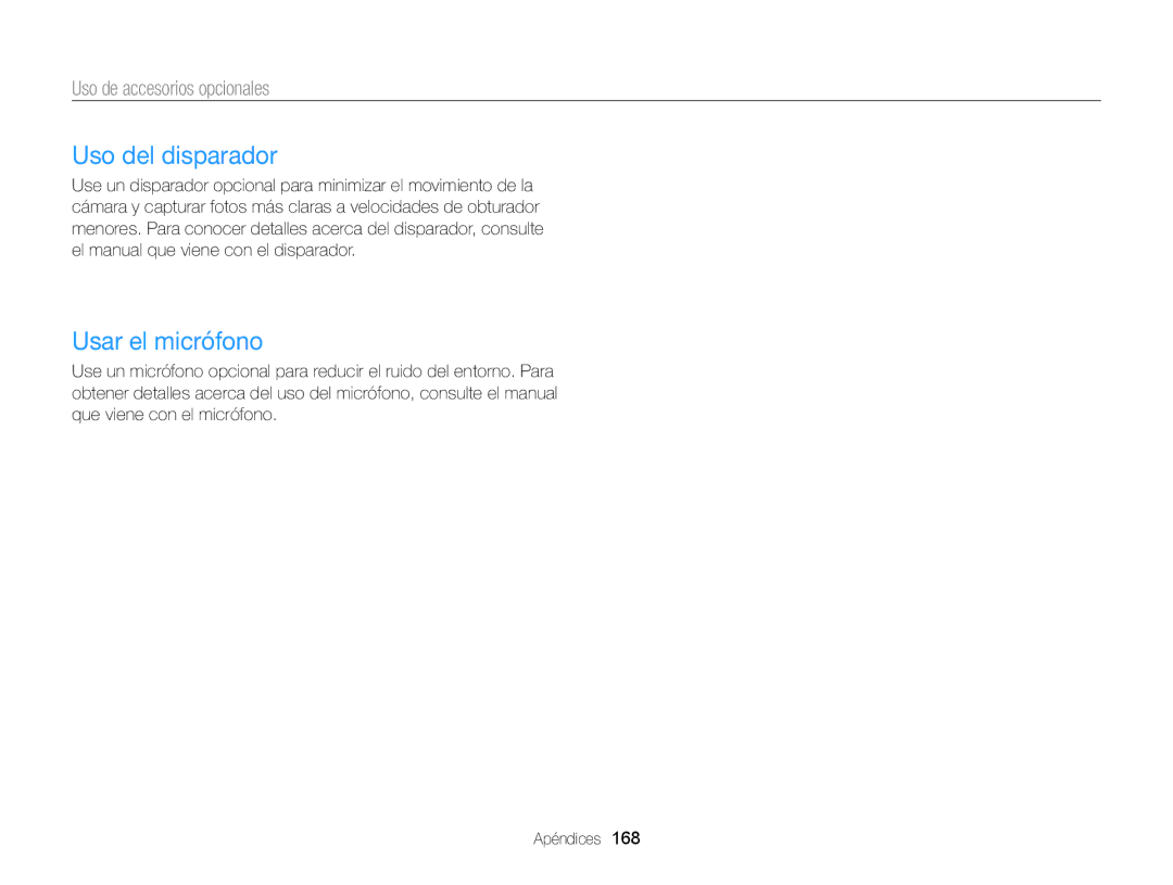 Samsung EC-EX2FZZBPWIL, EC-EX2FZZBPBE1, EC-EX2FZZBPWE1 Uso del disparador, Usar el micrófono, Uso de accesorios opcionales 