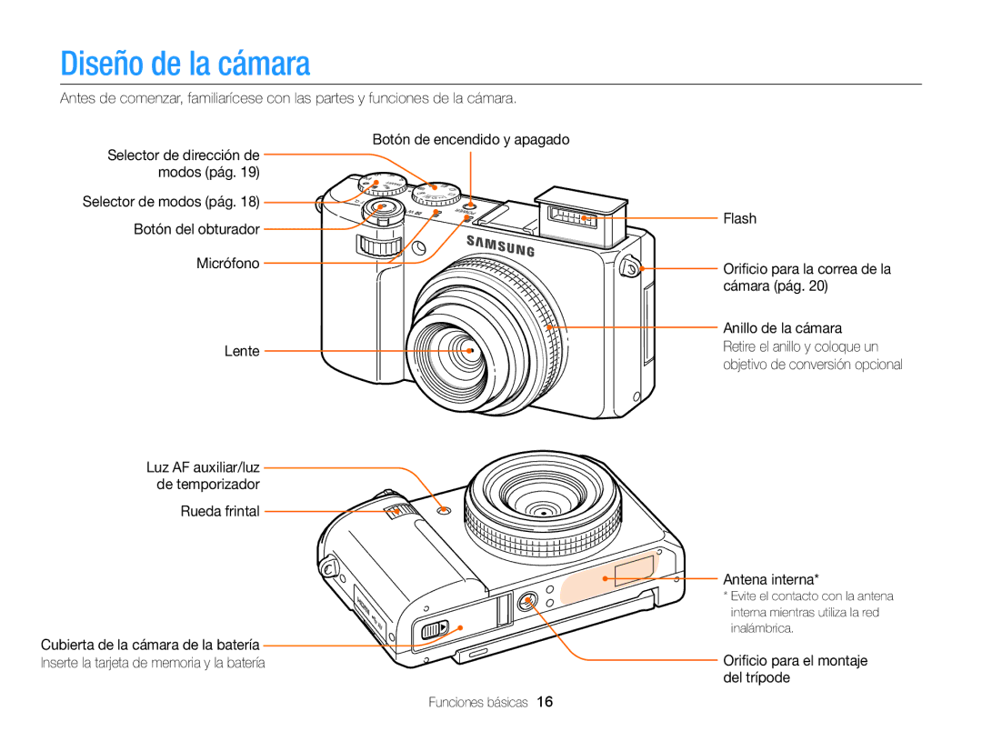 Samsung EC-EX2FZZBPBDE, EC-EX2FZZBPBE1 Diseño de la cámara, Lente, Orificio para el montaje del trípode Funciones básicas 