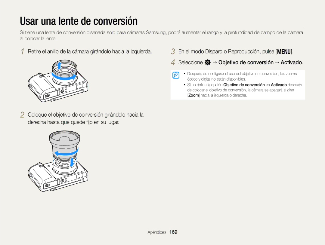 Samsung EC-EX2FZZBPBE1, EC-EX2FZZBPWE1, EC-EX2FZZBPBDE, EC-EX2FZZBPBIL, EC-EX2FZZBPWIL manual Usar una lente de conversión 