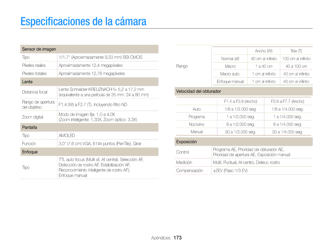 Samsung EC-EX2FZZBPWIL, EC-EX2FZZBPBE1, EC-EX2FZZBPWE1, EC-EX2FZZBPBDE, EC-EX2FZZBPBIL Especiﬁcaciones de la cámara, Amoled 