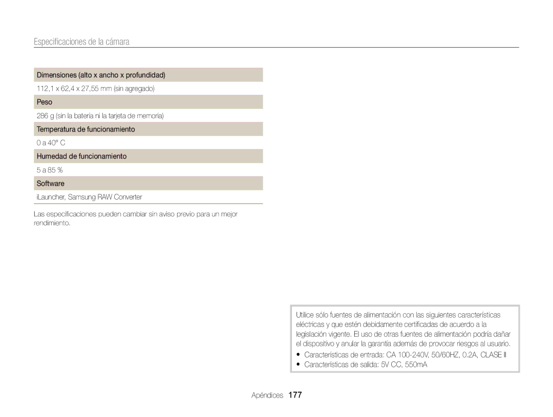 Samsung EC-EX2FZZBPBIL, EC-EX2FZZBPBE1, EC-EX2FZZBPWE1, EC-EX2FZZBPBDE, EC-EX2FZZBPWIL manual Especiﬁcaciones de la cámara 