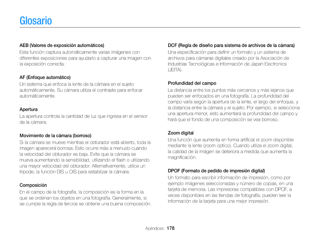 Samsung EC-EX2FZZBPWIL, EC-EX2FZZBPBE1, EC-EX2FZZBPWE1, EC-EX2FZZBPBDE, EC-EX2FZZBPBIL manual Glosario, Composición 