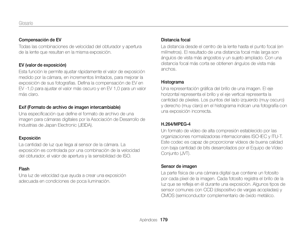 Samsung EC-EX2FZZBPBE1, EC-EX2FZZBPWE1, EC-EX2FZZBPBDE, EC-EX2FZZBPBIL, EC-EX2FZZBPWIL manual Glosario, Flash 