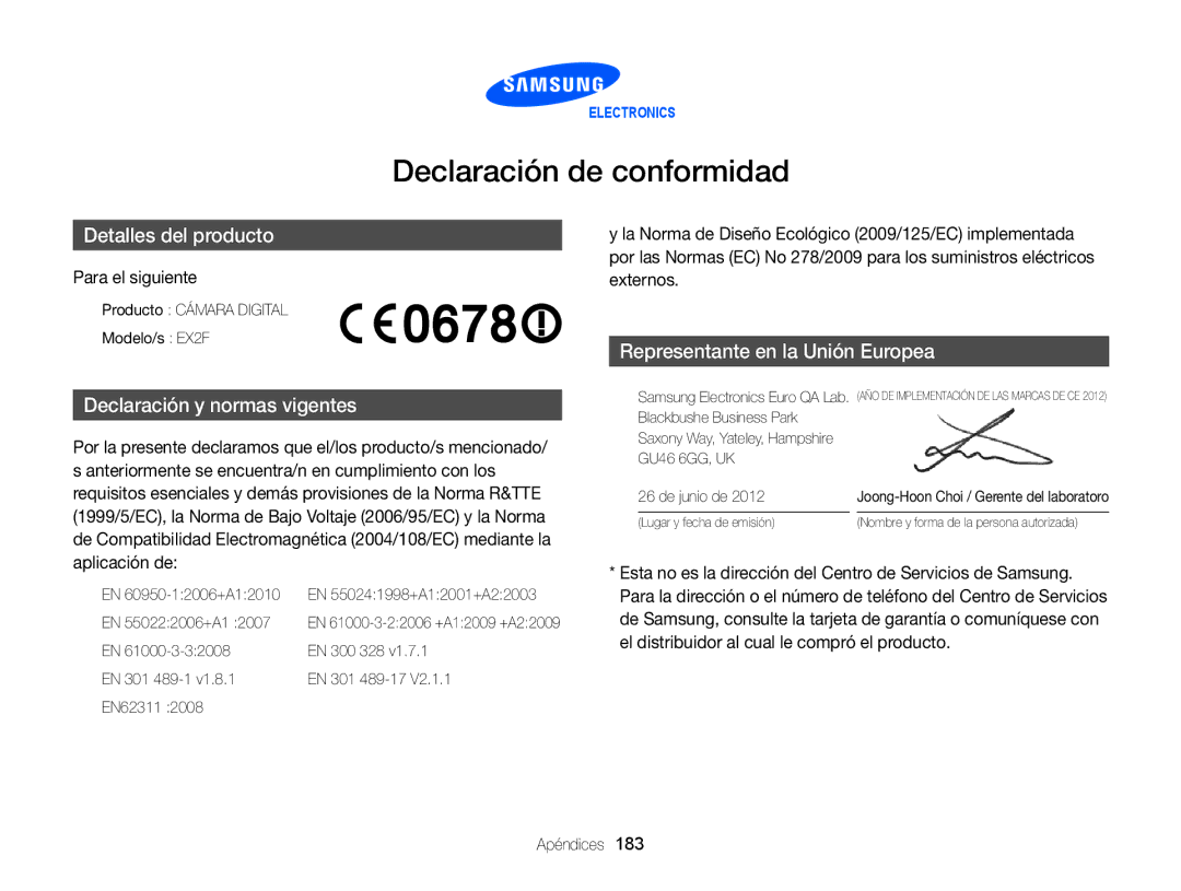 Samsung EC-EX2FZZBPWIL, EC-EX2FZZBPBE1, EC-EX2FZZBPWE1, EC-EX2FZZBPBDE manual Declaración de conformidad, Para el siguiente 