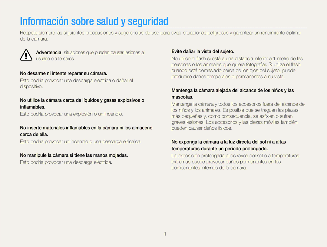 Samsung EC-EX2FZZBPBDE, EC-EX2FZZBPBE1, EC-EX2FZZBPWE1 Información sobre salud y seguridad, Evite dañar la vista del sujeto 