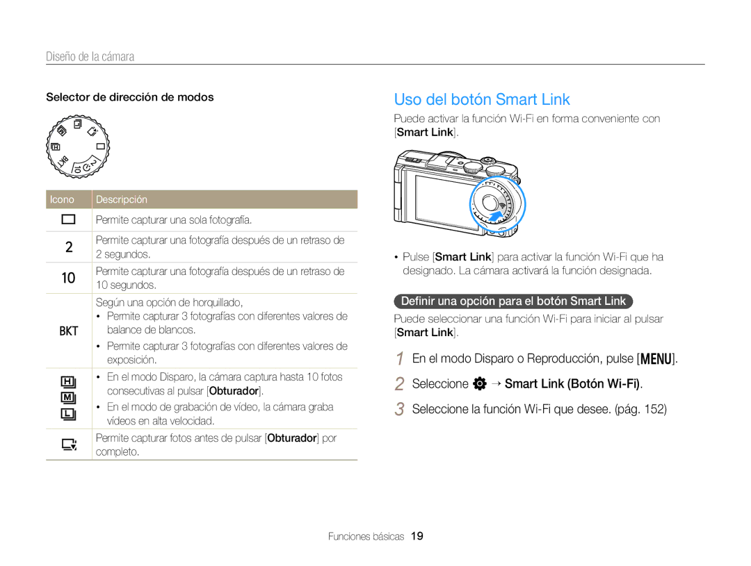 Samsung EC-EX2FZZBPBE1 manual Uso del botón Smart Link, Deﬁnir una opción para el botón Smart Link, Icono Descripción 