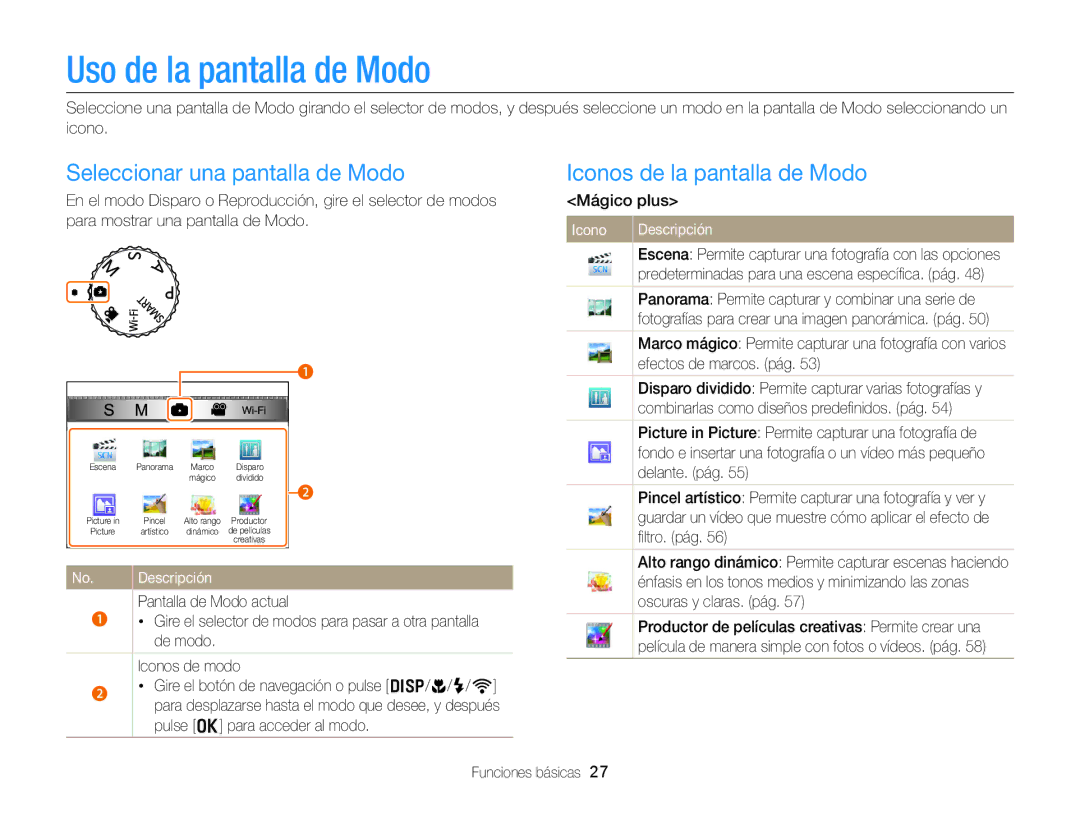 Samsung EC-EX2FZZBPBIL manual Uso de la pantalla de Modo, Seleccionar una pantalla de Modo, Iconos de la pantalla de Modo 