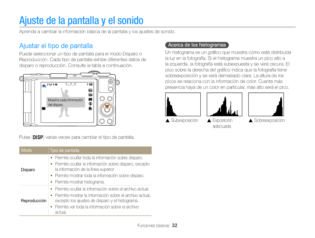 Samsung EC-EX2FZZBPBIL Ajuste de la pantalla y el sonido, Ajustar el tipo de pantalla, Acerca de los histogramas, Modo 