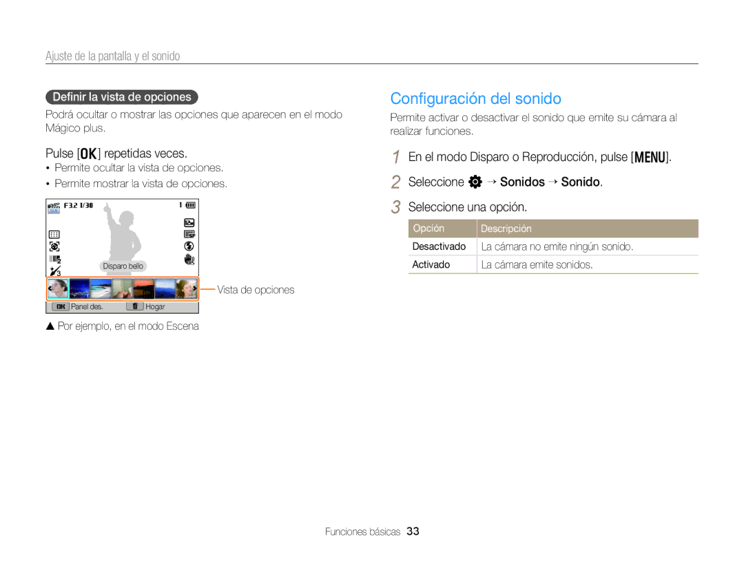 Samsung EC-EX2FZZBPWIL, EC-EX2FZZBPBE1 Conﬁguración del sonido, Ajuste de la pantalla y el sonido, Pulse o repetidas veces 