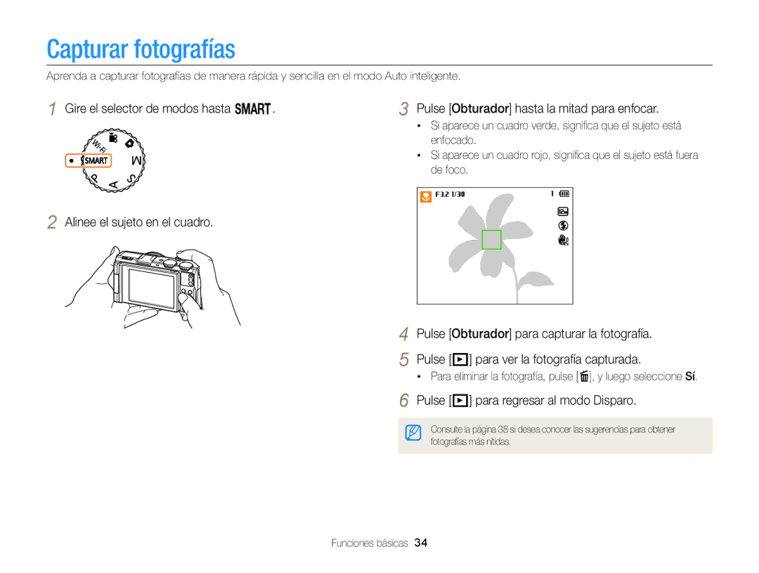 Samsung EC-EX2FZZBPBE1 manual Capturar fotografías, Alinee el sujeto en el cuadro, Pulse P para regresar al modo Disparo 