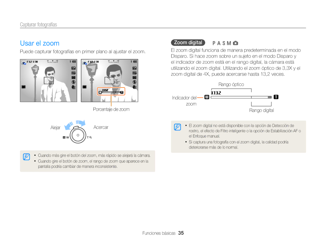 Samsung EC-EX2FZZBPWE1, EC-EX2FZZBPBE1, EC-EX2FZZBPBDE manual Usar el zoom, Capturar fotografías, Zoom digital p a h M g 