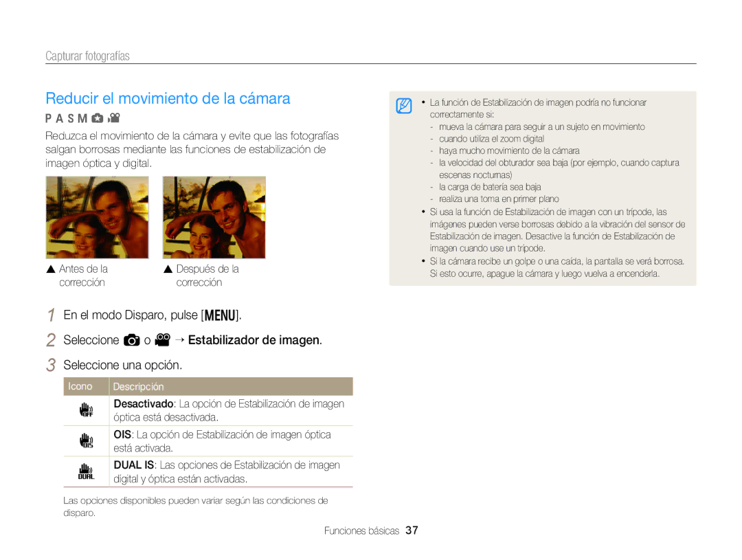 Samsung EC-EX2FZZBPBIL, EC-EX2FZZBPBE1, EC-EX2FZZBPWE1, EC-EX2FZZBPBDE manual Reducir el movimiento de la cámara, Corrección 