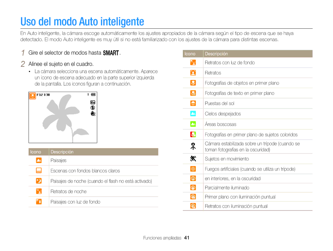 Samsung EC-EX2FZZBPBDE, EC-EX2FZZBPBE1, EC-EX2FZZBPWE1, EC-EX2FZZBPBIL, EC-EX2FZZBPWIL manual Uso del modo Auto inteligente 