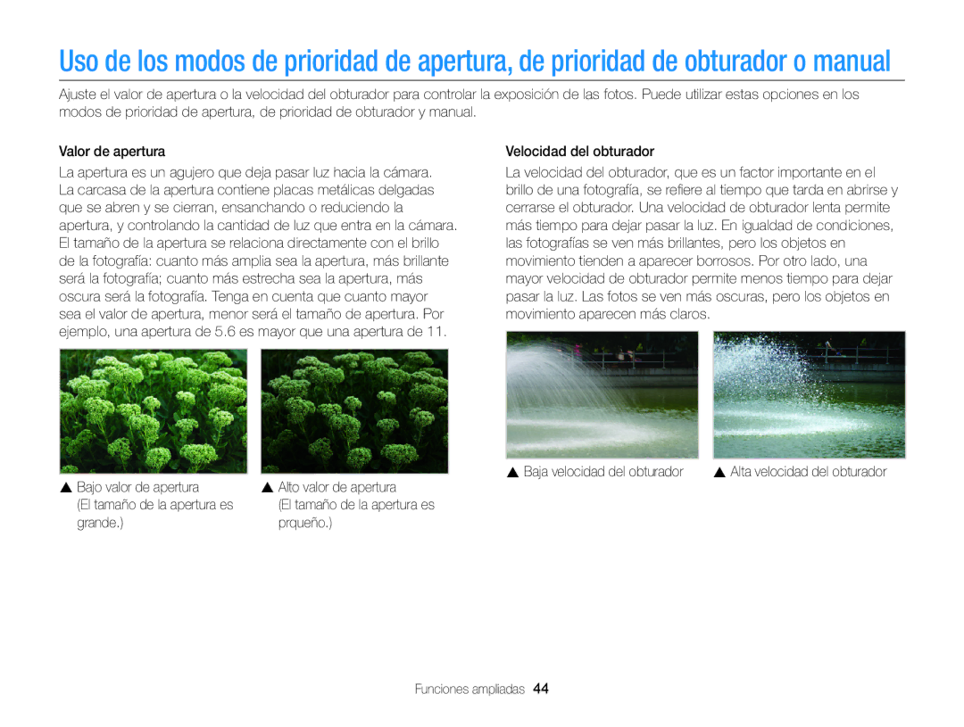 Samsung EC-EX2FZZBPBE1, EC-EX2FZZBPWE1, EC-EX2FZZBPBDE manual Velocidad del obturador, Grande Prqueño Funciones ampliadas 