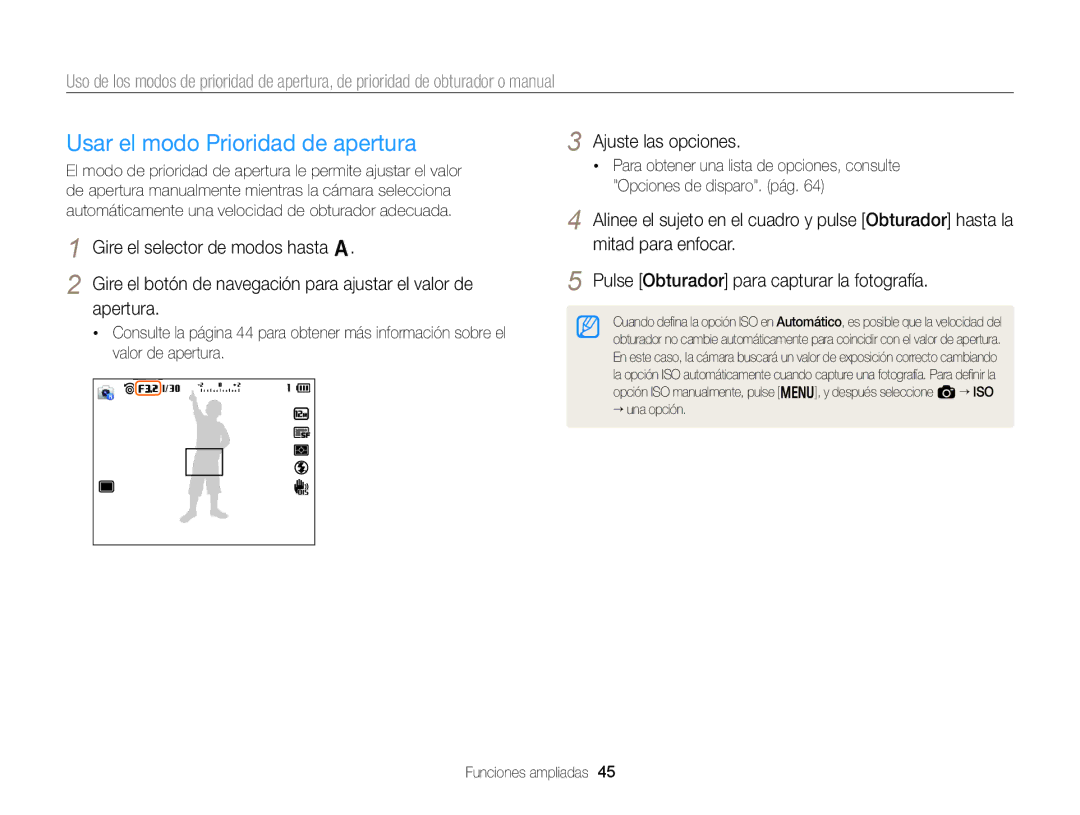 Samsung EC-EX2FZZBPWE1, EC-EX2FZZBPBE1, EC-EX2FZZBPBDE manual Usar el modo Prioridad de apertura, Ajuste las opciones 