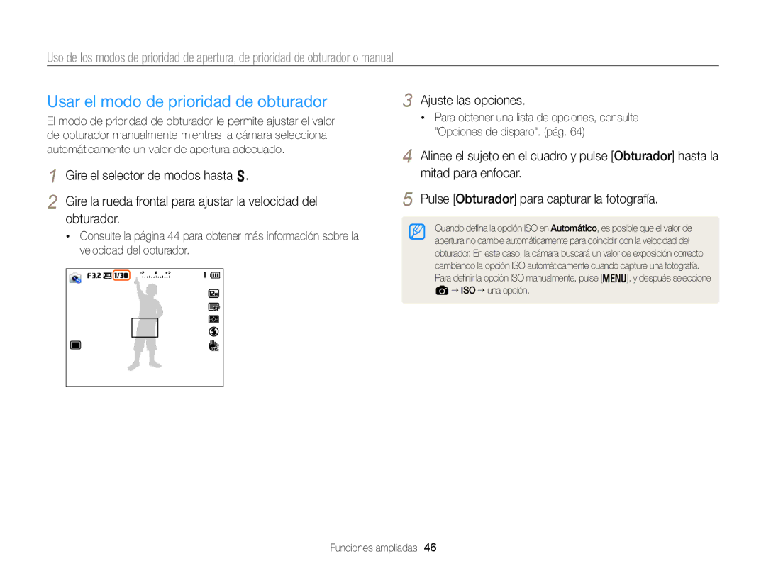 Samsung EC-EX2FZZBPBDE, EC-EX2FZZBPBE1, EC-EX2FZZBPWE1, EC-EX2FZZBPBIL, EC-EX2FZZBPWIL Usar el modo de prioridad de obturador 