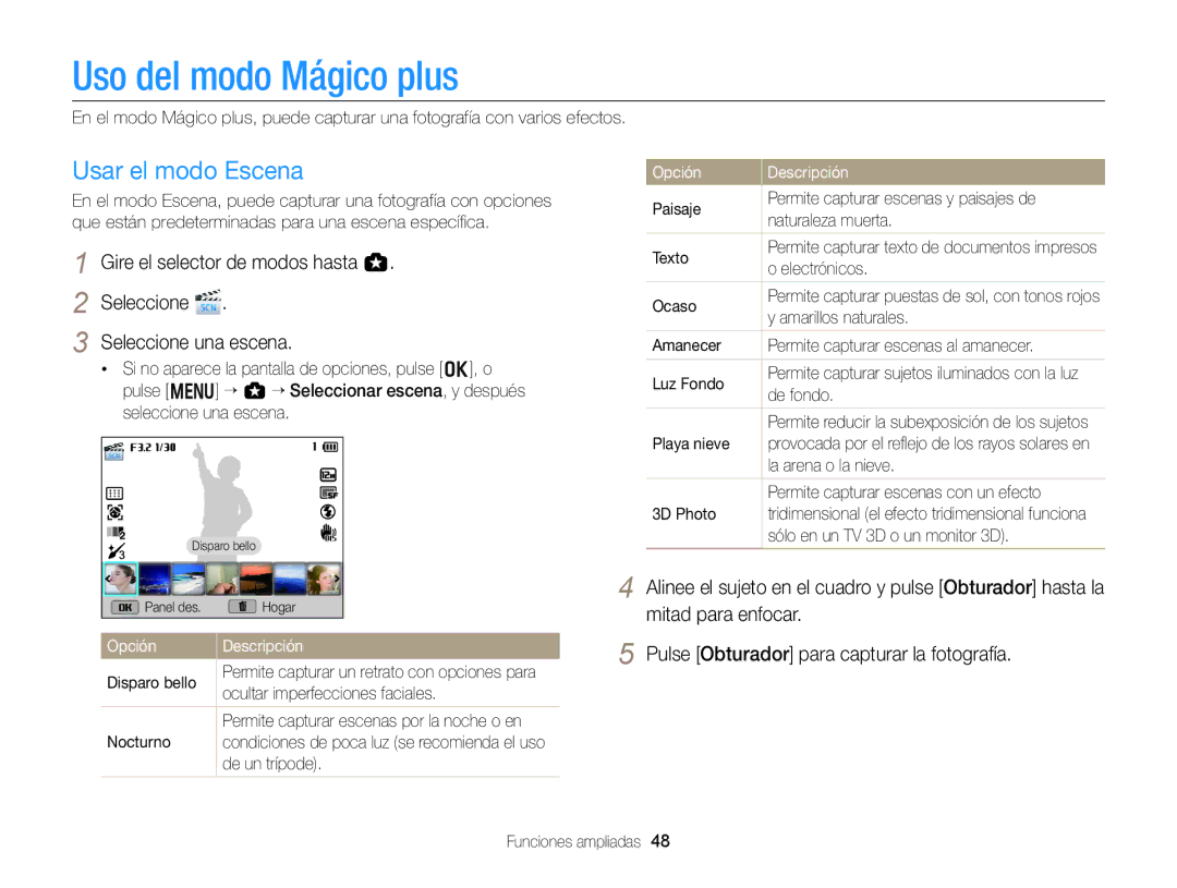 Samsung EC-EX2FZZBPWIL, EC-EX2FZZBPBE1, EC-EX2FZZBPWE1, EC-EX2FZZBPBDE manual Uso del modo Mágico plus, Usar el modo Escena 