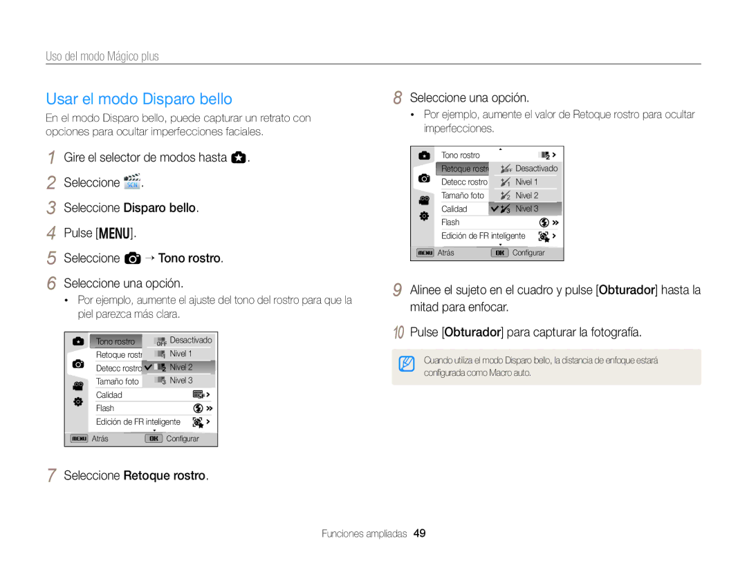 Samsung EC-EX2FZZBPBE1, EC-EX2FZZBPWE1 Usar el modo Disparo bello, Uso del modo Mágico plus, Seleccione Retoque rostro 