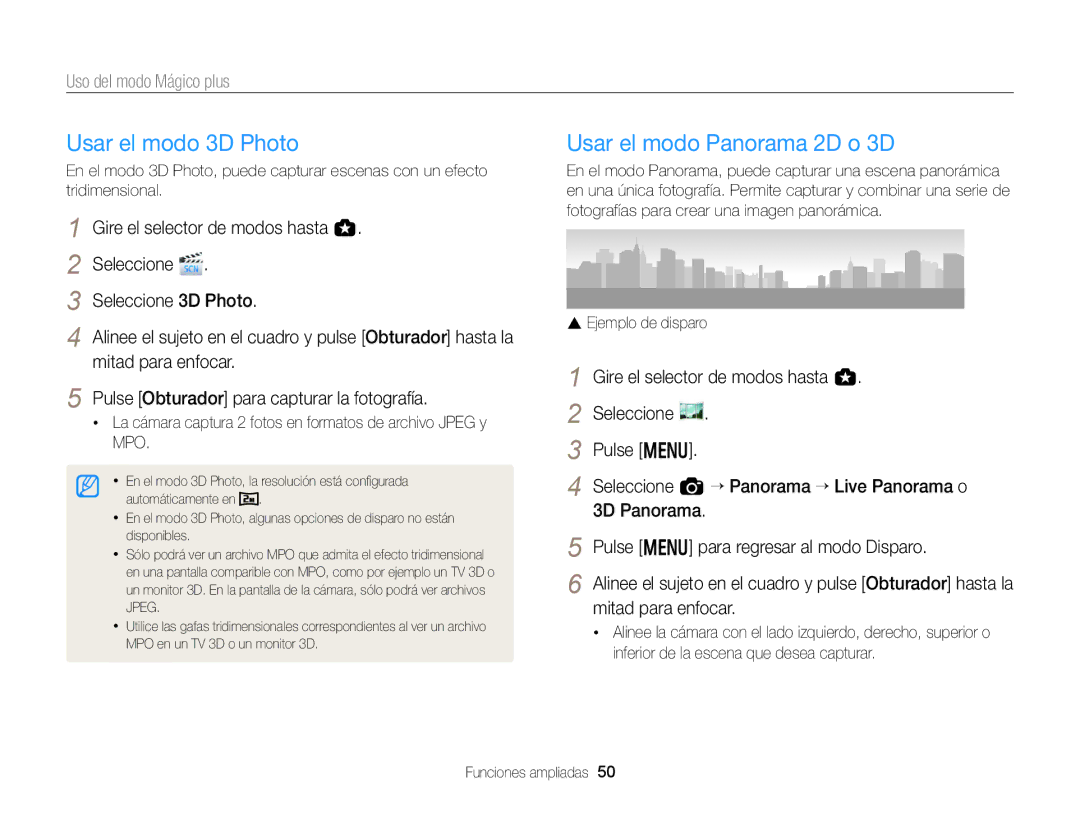 Samsung EC-EX2FZZBPWE1, EC-EX2FZZBPBE1 manual Usar el modo 3D Photo, Usar el modo Panorama 2D o 3D, Ejemplo de disparo 