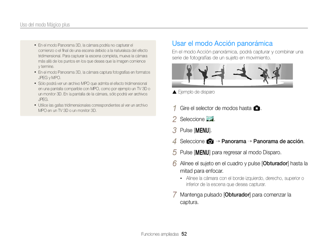 Samsung EC-EX2FZZBPBIL, EC-EX2FZZBPBE1 Usar el modo Acción panorámica, Mantenga pulsado Obturador para comenzar la captura 