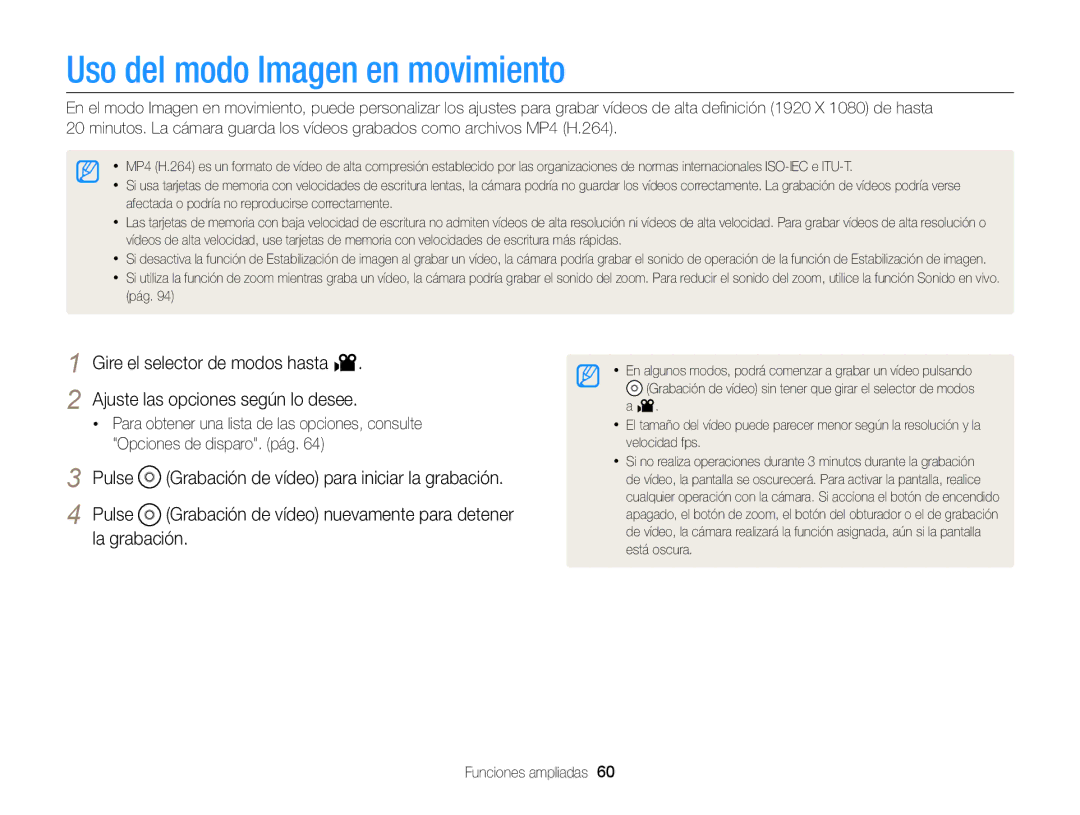 Samsung EC-EX2FZZBPWE1 Uso del modo Imagen en movimiento, Pulse, La grabación, Grabación de vídeo nuevamente para detener 