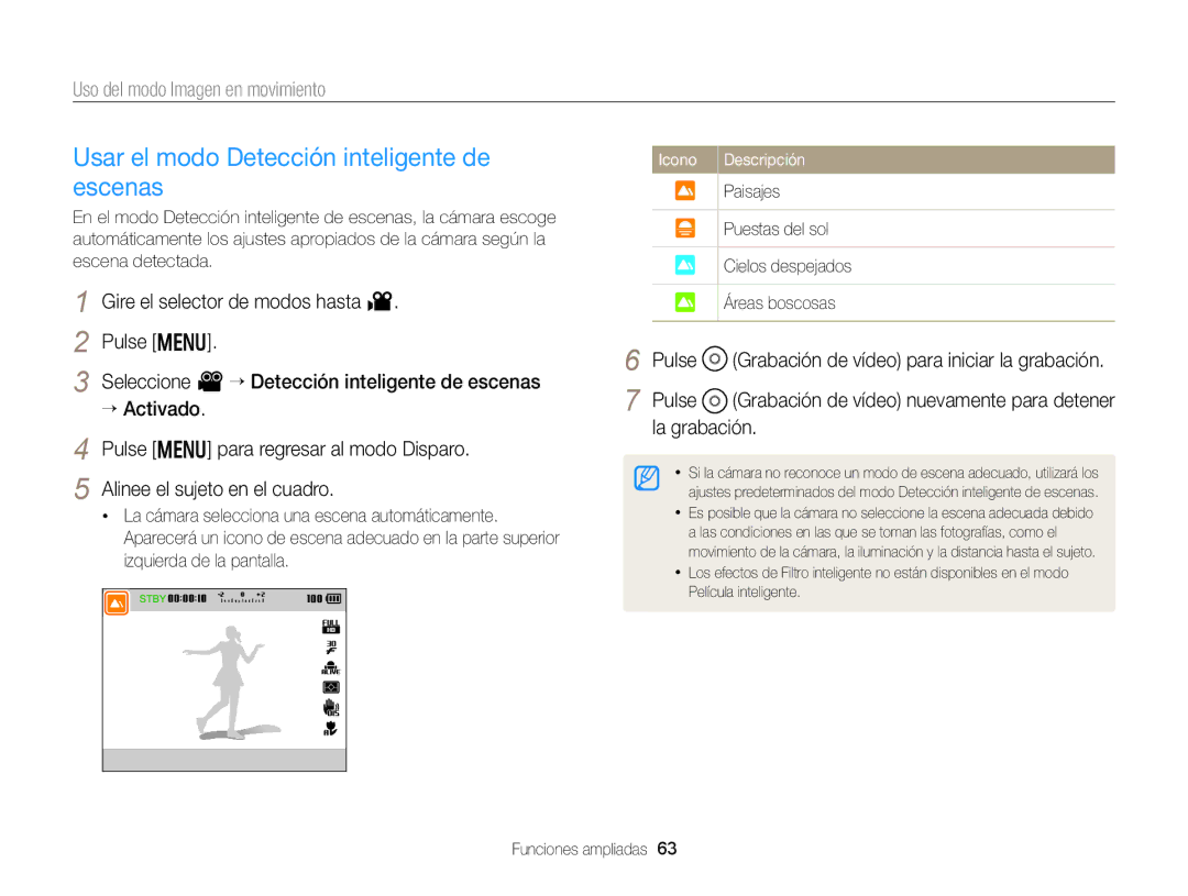 Samsung EC-EX2FZZBPWIL, EC-EX2FZZBPBE1, EC-EX2FZZBPWE1, EC-EX2FZZBPBDE manual Usar el modo Detección inteligente de escenas 