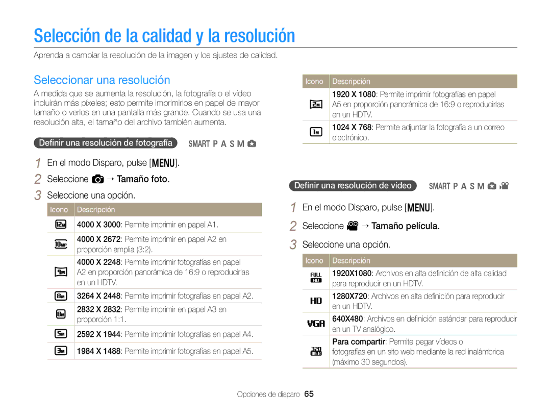 Samsung EC-EX2FZZBPWE1, EC-EX2FZZBPBE1, EC-EX2FZZBPBDE Selección de la calidad y la resolución, Seleccionar una resolución 