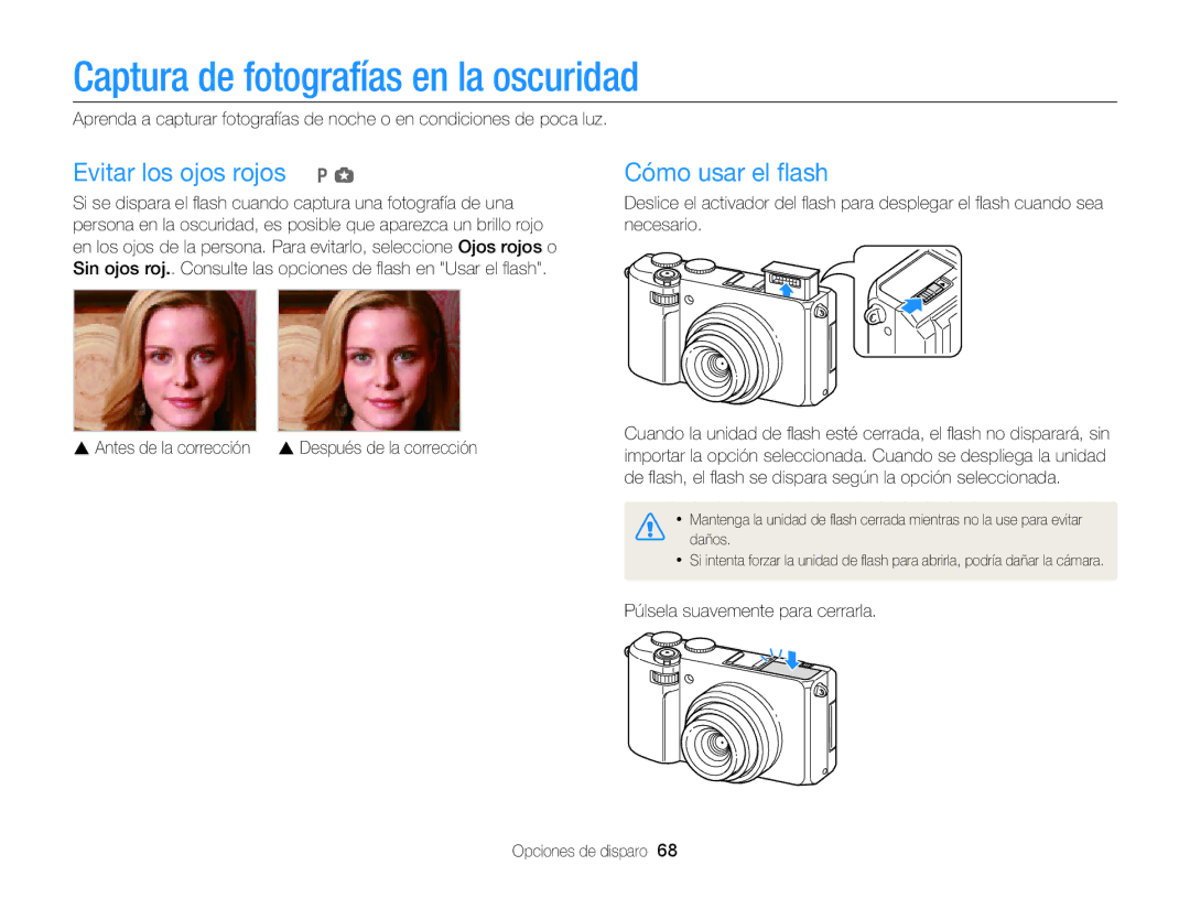 Samsung EC-EX2FZZBPWIL manual Captura de fotografías en la oscuridad, Evitar los ojos rojos p g, Después de la corrección 