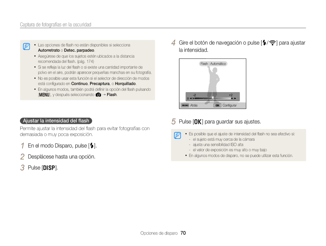 Samsung EC-EX2FZZBPWE1, EC-EX2FZZBPBE1, EC-EX2FZZBPBDE, EC-EX2FZZBPBIL, EC-EX2FZZBPWIL manual Ajustar la intensidad del ﬂash 