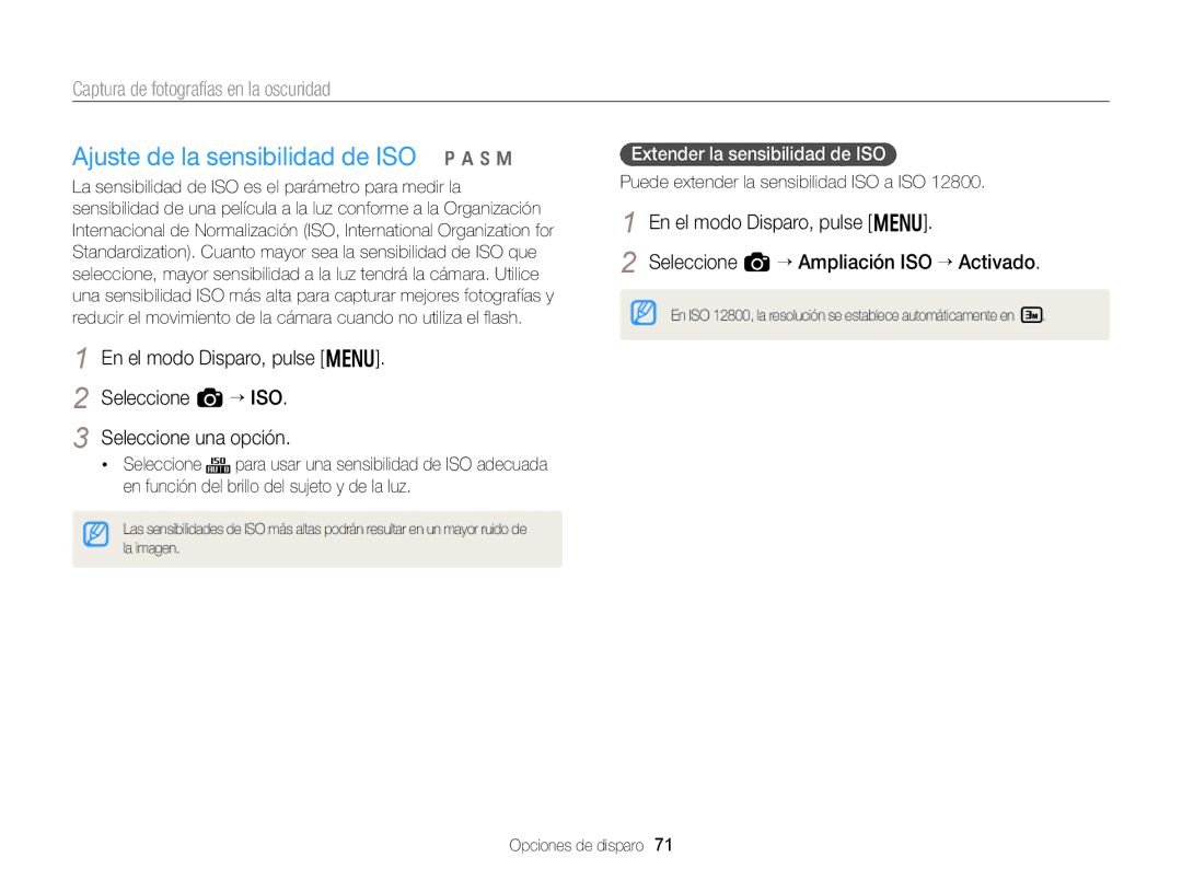 Samsung EC-EX2FZZBPBDE, EC-EX2FZZBPBE1 manual Ajuste de la sensibilidad de ISO p a h M, Extender la sensibilidad de ISO 