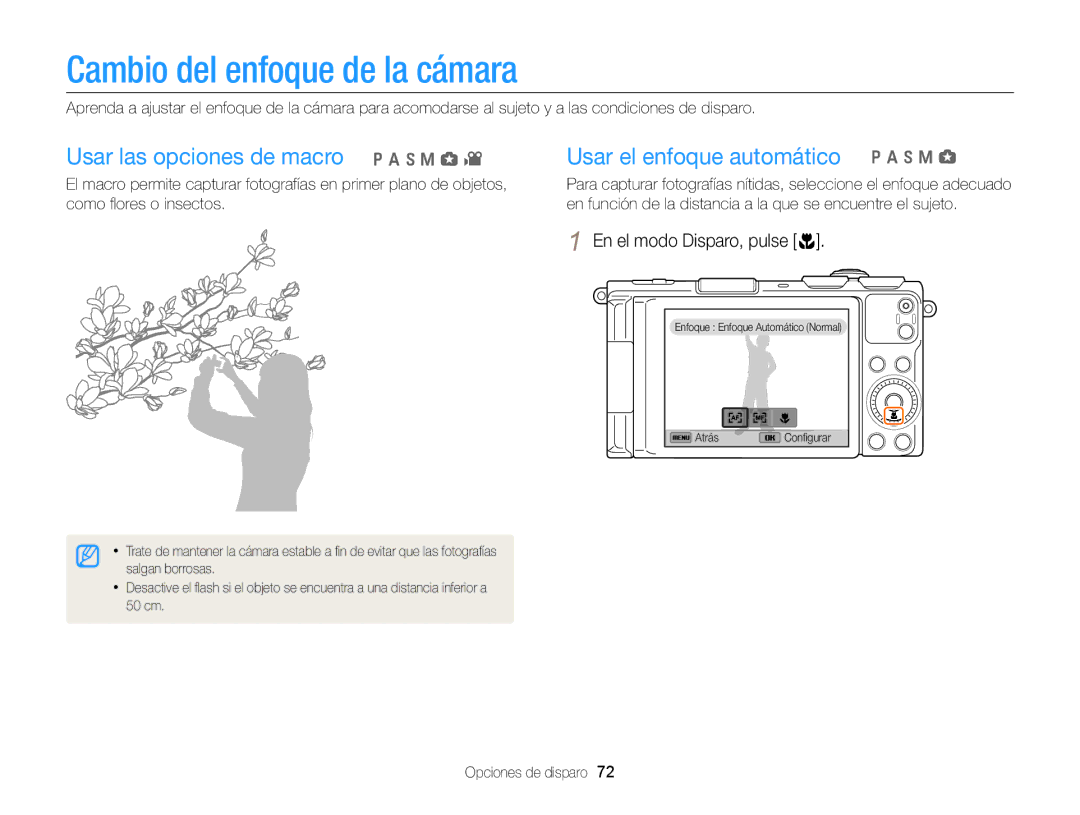 Samsung EC-EX2FZZBPBIL, EC-EX2FZZBPBE1, EC-EX2FZZBPWE1 manual Cambio del enfoque de la cámara, En el modo Disparo, pulse c 