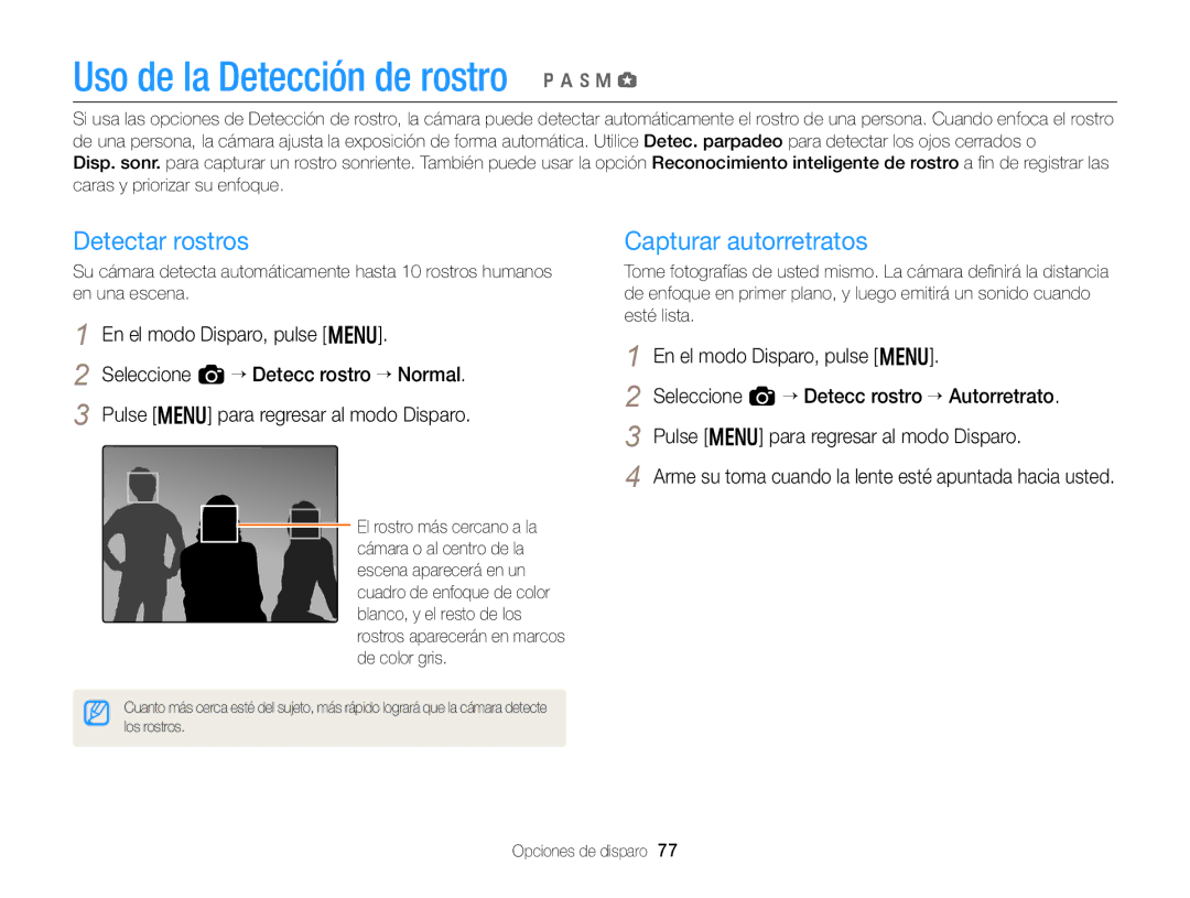 Samsung EC-EX2FZZBPBIL, EC-EX2FZZBPBE1, EC-EX2FZZBPWE1, EC-EX2FZZBPBDE manual Detectar rostros, Capturar autorretratos 