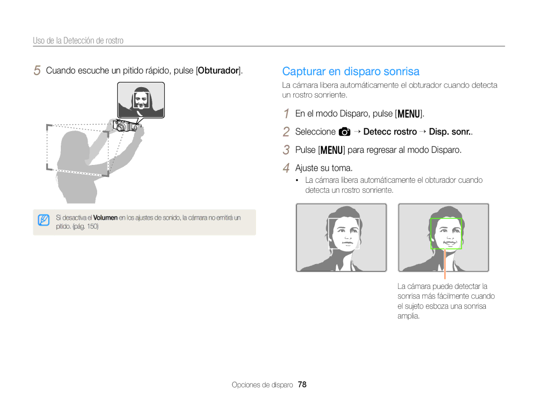 Samsung EC-EX2FZZBPWIL, EC-EX2FZZBPBE1, EC-EX2FZZBPWE1 manual Capturar en disparo sonrisa, Uso de la Detección de rostro 