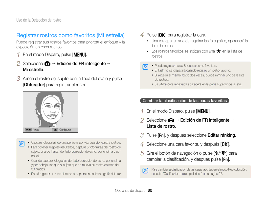 Samsung EC-EX2FZZBPWE1, EC-EX2FZZBPBE1 manual Registrar rostros como favoritos Mi estrella, Pulse o para registrar la cara 