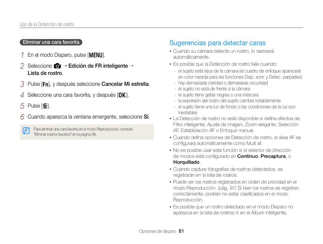 Samsung EC-EX2FZZBPBDE manual Sugerencias para detectar caras, Pulse l Cuando aparezca la ventana emergente, seleccione Sí 