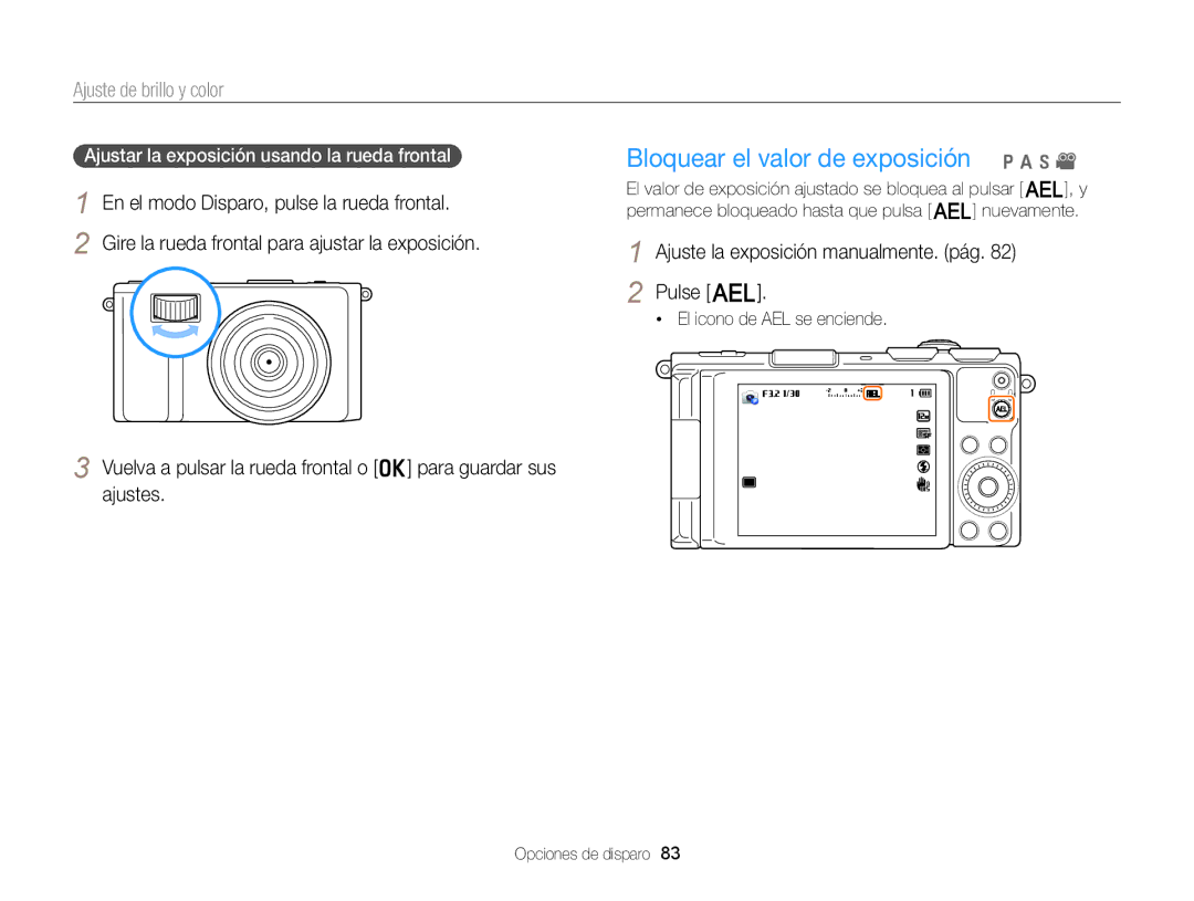 Samsung EC-EX2FZZBPWIL manual Bloquear el valor de exposición p a h, Ajuste de brillo y color, El icono de AEL se enciende 