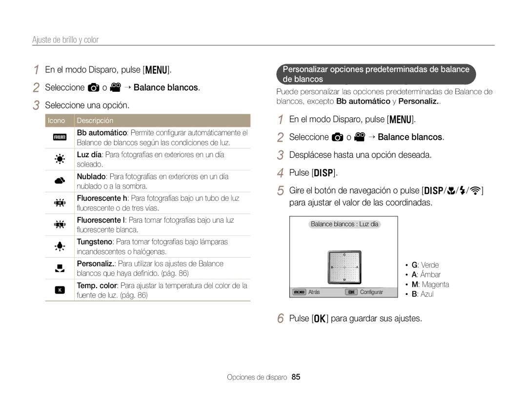 Samsung EC-EX2FZZBPWE1 manual Personalizar opciones predeterminadas de balance De blancos, Verde Ámbar Magenta Azul 