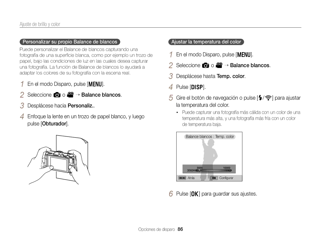 Samsung EC-EX2FZZBPBDE, EC-EX2FZZBPBE1 manual Personalizar su propio Balance de blancos, Ajustar la temperatura del color 