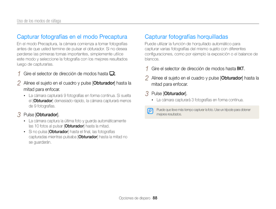 Samsung EC-EX2FZZBPWIL, EC-EX2FZZBPBE1 manual Capturar fotografías en el modo Precaptura, Capturar fotografías horquilladas 