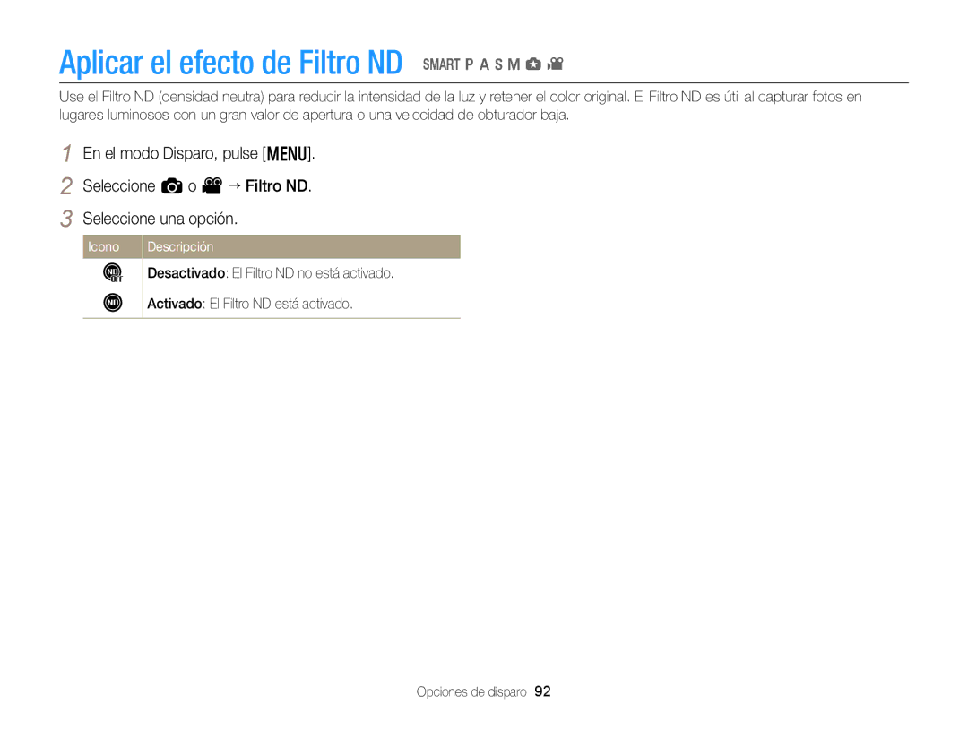Samsung EC-EX2FZZBPBIL, EC-EX2FZZBPBE1, EC-EX2FZZBPWE1 manual Aplicar el efecto de Filtro ND T p a h M g, Icono Descripción 