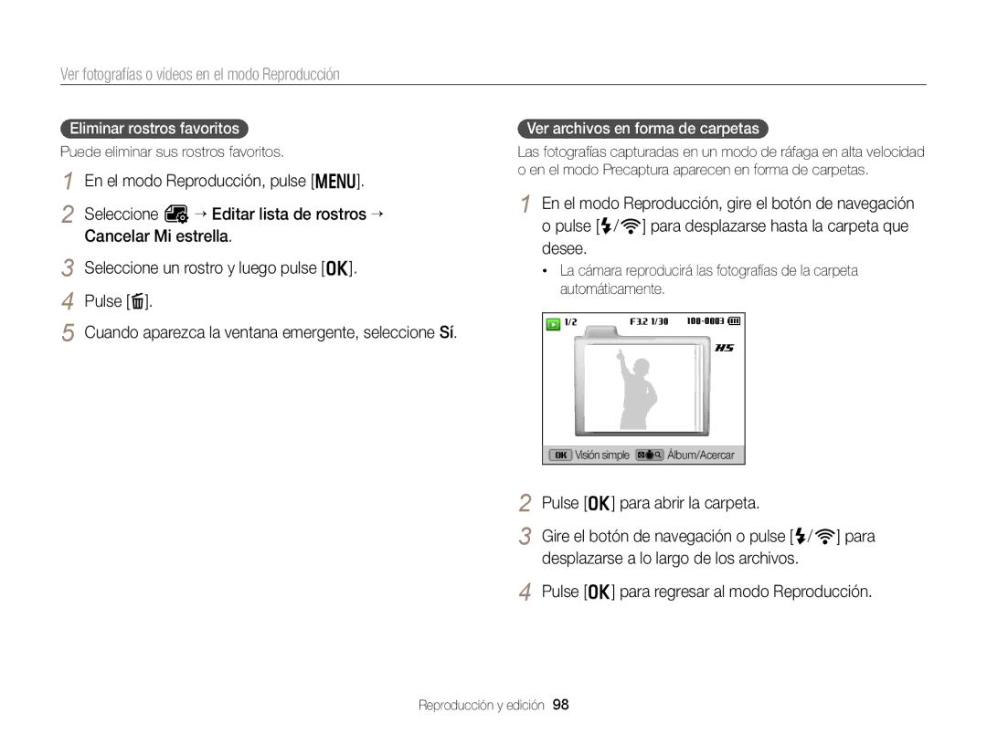 Samsung EC-EX2FZZBPWIL Pulse o para abrir la carpeta, Desplazarse a lo largo de los archivos, Eliminar rostros favoritos 