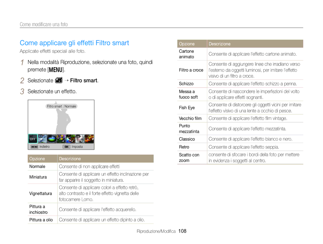 Samsung EC-EX2FZZBPWE1, EC-EX2FZZBPBE1 manual Come applicare gli effetti Filtro smart, Come modiﬁcare una foto 