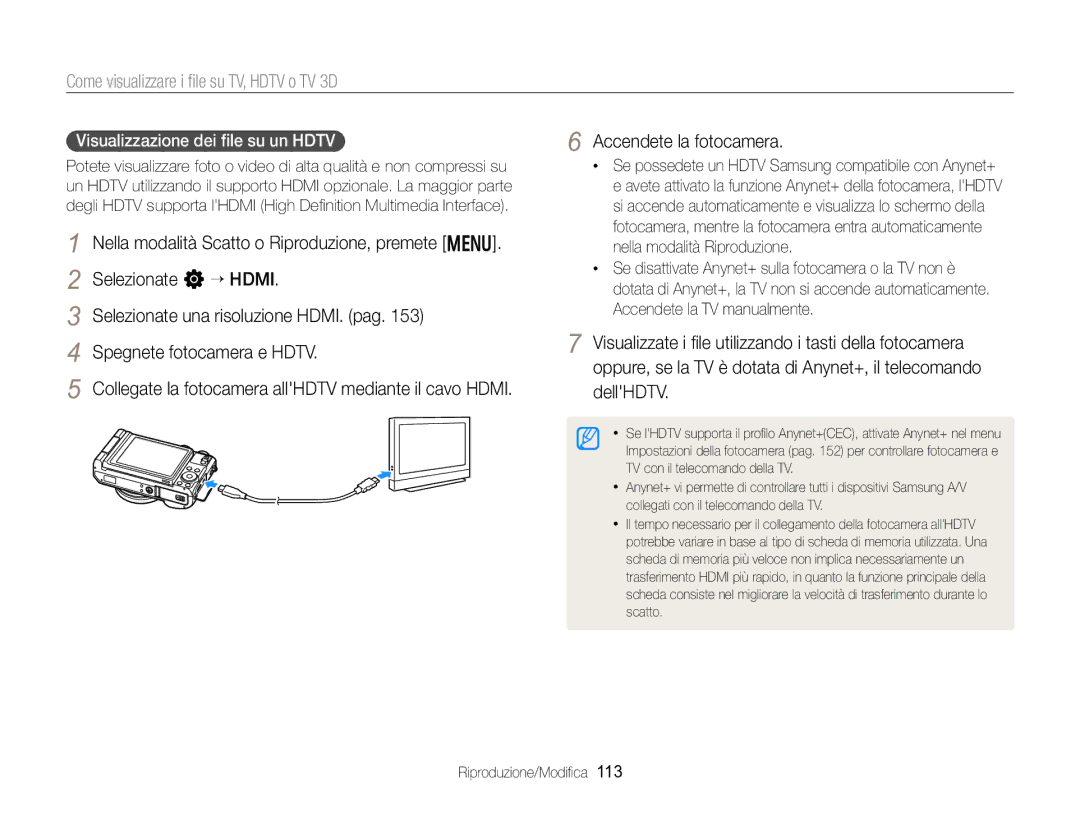 Samsung EC-EX2FZZBPBE1, EC-EX2FZZBPWE1 Come visualizzare i ﬁle su TV, Hdtv o TV 3D, Visualizzazione dei ﬁle su un Hdtv 