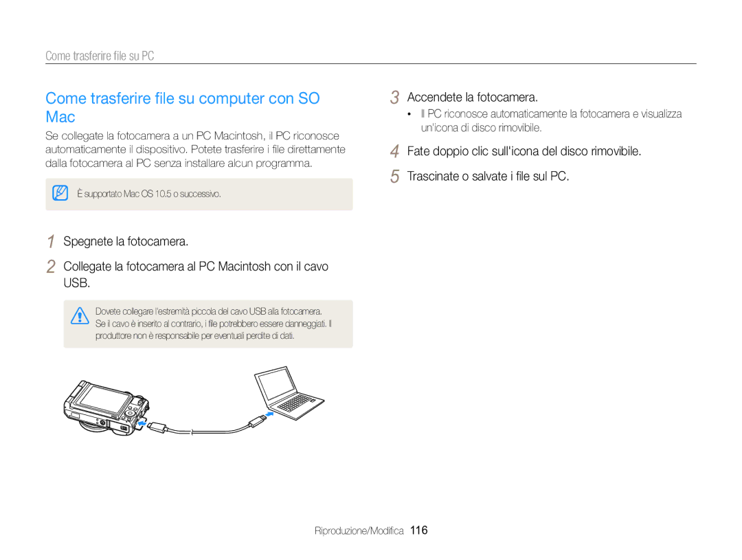 Samsung EC-EX2FZZBPWE1, EC-EX2FZZBPBE1 manual Come trasferire ﬁle su computer con SO Mac, Come trasferire ﬁle su PC 