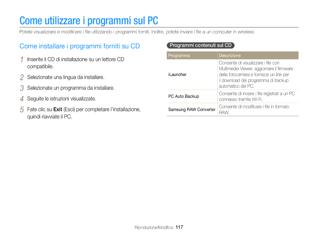 Samsung EC-EX2FZZBPBE1 manual Come utilizzare i programmi sul PC, Come installare i programmi forniti su CD, Programma 