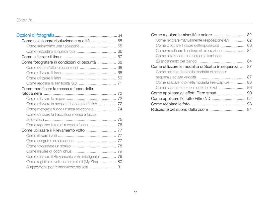 Samsung EC-EX2FZZBPBE1, EC-EX2FZZBPWE1 manual Contenuto, Come fotografare in condizioni di oscurità 