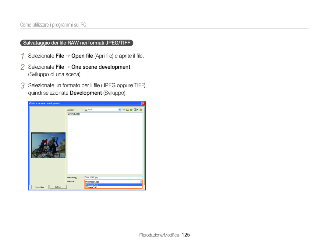 Samsung EC-EX2FZZBPBE1, EC-EX2FZZBPWE1 manual Salvataggio dei ﬁle RAW nei formati JPEG/TIFF 