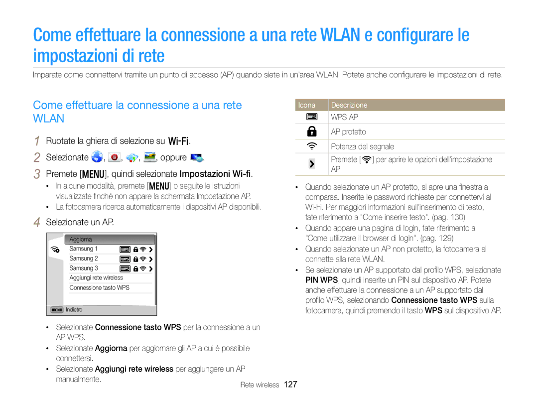 Samsung EC-EX2FZZBPBE1 Come effettuare la connessione a una rete, Ruotate la ghiera di selezione su w Selezionate Oppure 