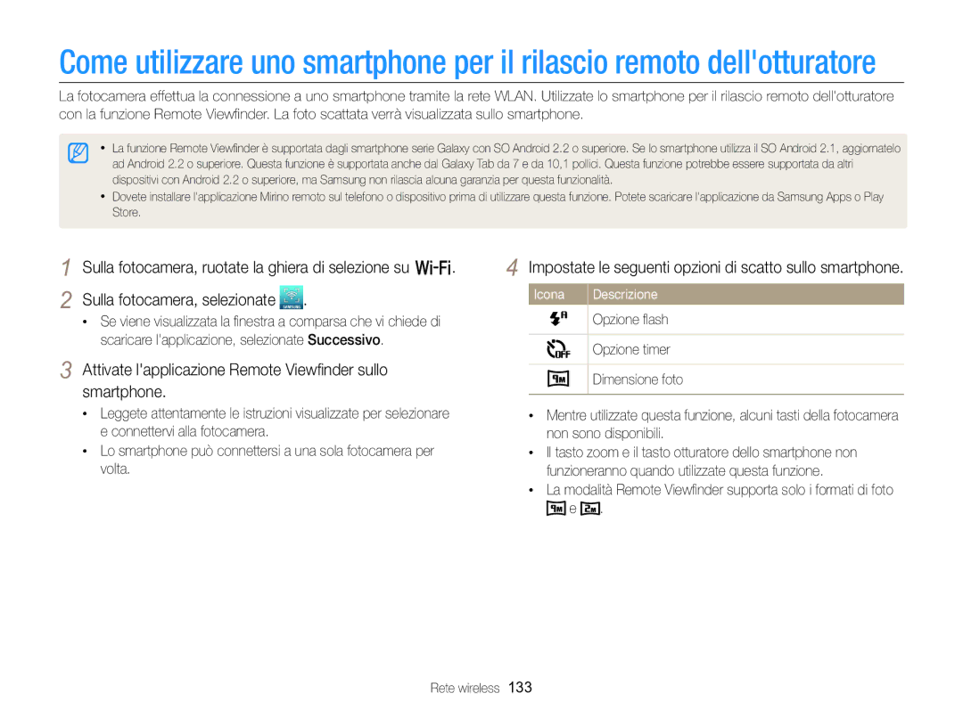 Samsung EC-EX2FZZBPBE1 manual Attivate lapplicazione Remote Viewﬁnder sullo smartphone, Opzione ﬂash, Opzione timer 