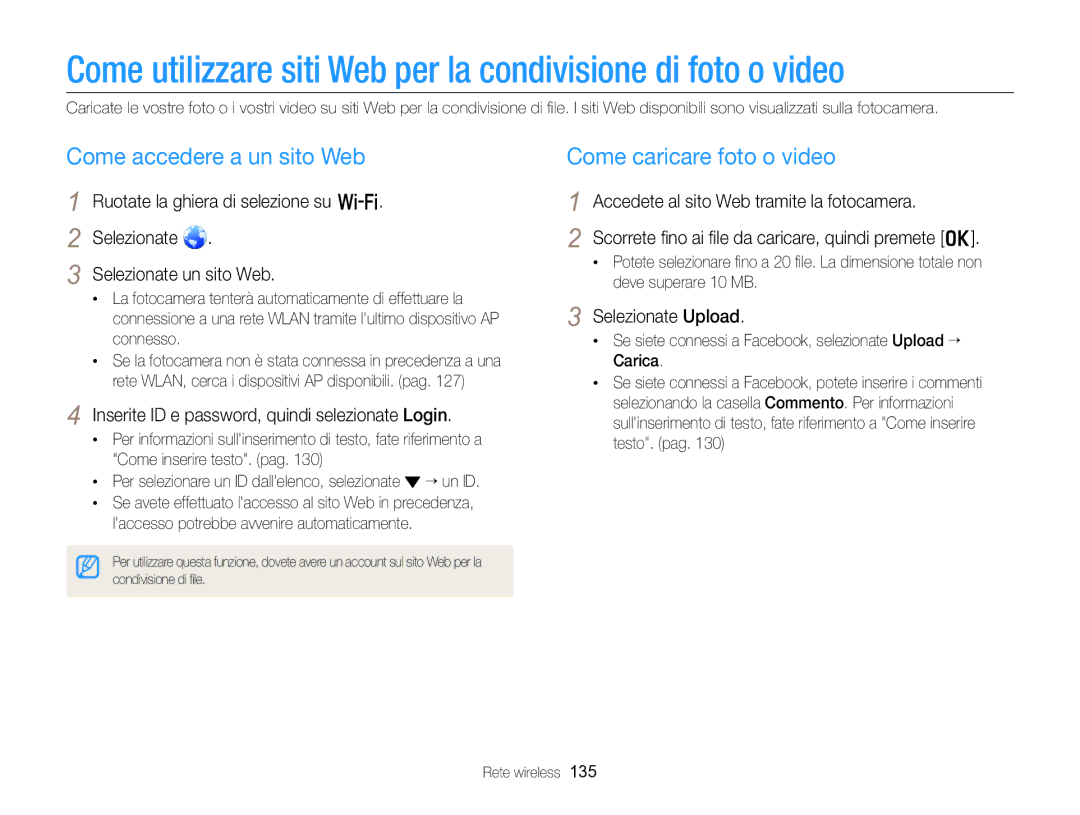 Samsung EC-EX2FZZBPBE1, EC-EX2FZZBPWE1 manual Come accedere a un sito Web, Come caricare foto o video, Selezionate Upload 